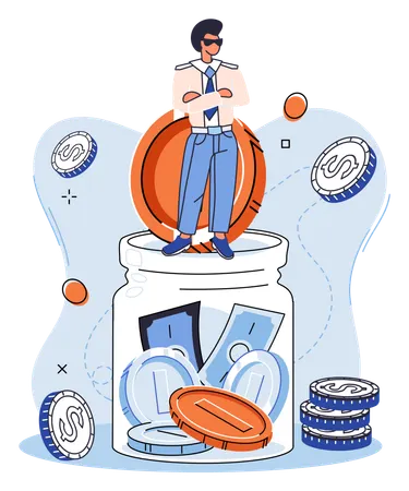 Homem colocando moedas em um cofrinho  Ilustração