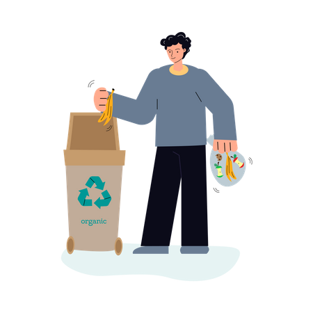 Homem colocando resíduos de alimentos reciclados na lata de lixo  Ilustração