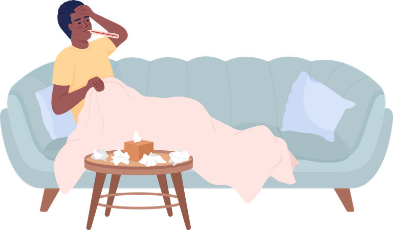 Homem com alta temperatura descansando no sofá  Ilustração