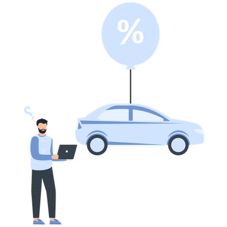 Homem com balão de porcentagem de laptop e carro azul  Ilustração
