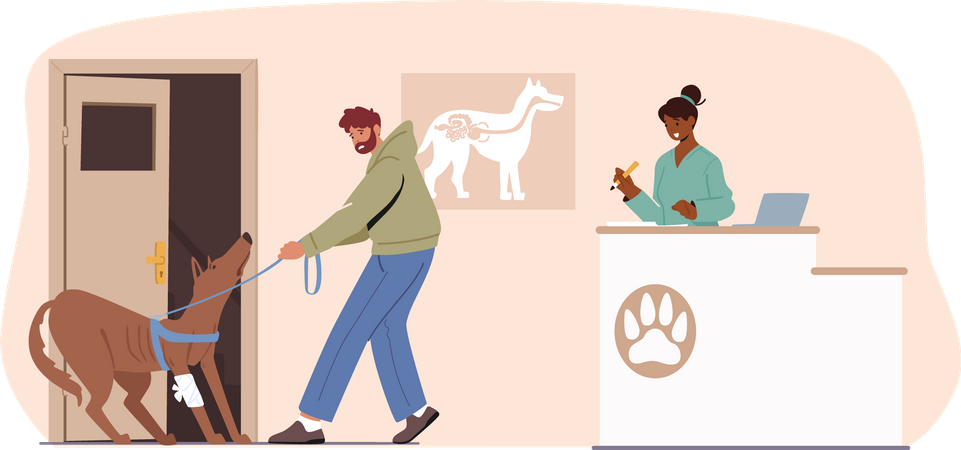 Homem com cachorro visitando clínica veterinária  Ilustração
