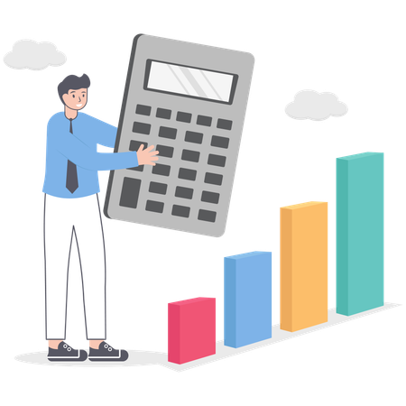 Homem com calculadora e seta de diagrama de gráfico de crescimento  Ilustração