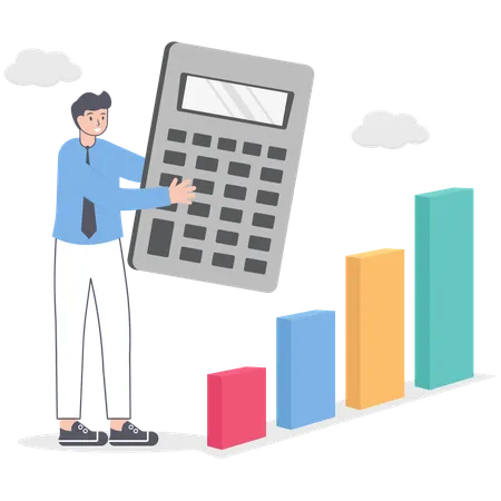 Homem com calculadora e seta de diagrama de gráfico de crescimento  Ilustração