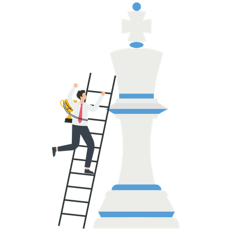 Homem com taça sobe escadas até peça de xadrez  Ilustração