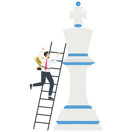 Homem com taça sobe escadas até peça de xadrez  Ilustração