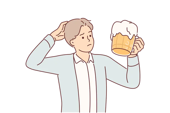 Homem com caneca de cerveja coça a cabeça e duvida se é necessário beber cerveja contendo álcool  Ilustração