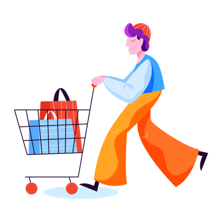 Homem com carrinho de compras  Ilustração