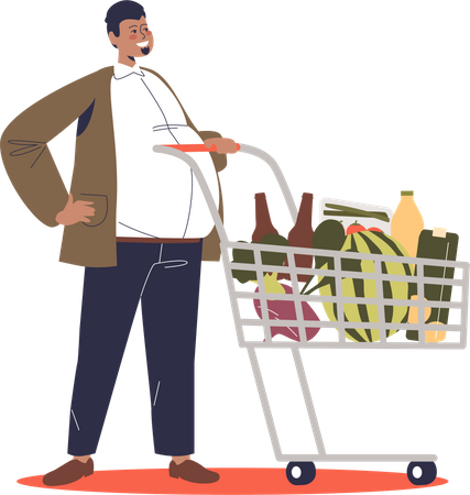 Homem com carrinho de compras comprando comida na loja  Ilustração