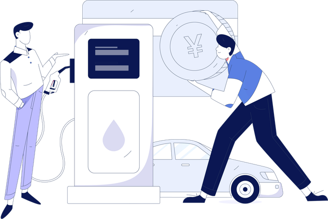 Homem com carro no posto de combustível  Ilustração