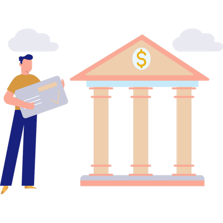 Homem com cartão de crédito em pé no banco  Ilustração