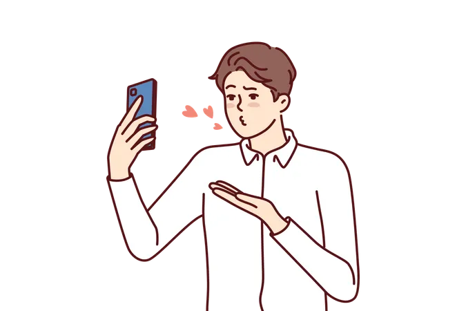 Homem com celular manda beijo aéreo para interlocutor durante videochamada com namorada  Ilustração