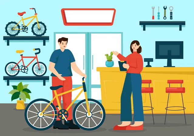 Homem com bicicleta na oficina  Ilustração