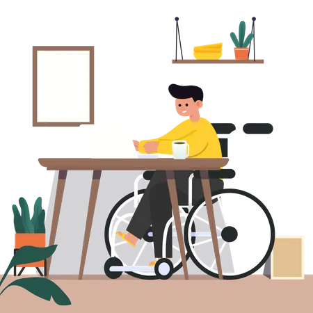 Homem com deficiência trabalhando no laptop  Ilustração