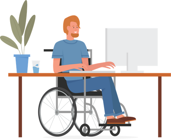 Homem com deficiência trabalhando no laptop  Ilustração