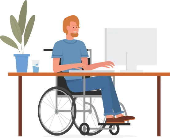 Homem com deficiência trabalhando no laptop  Ilustração