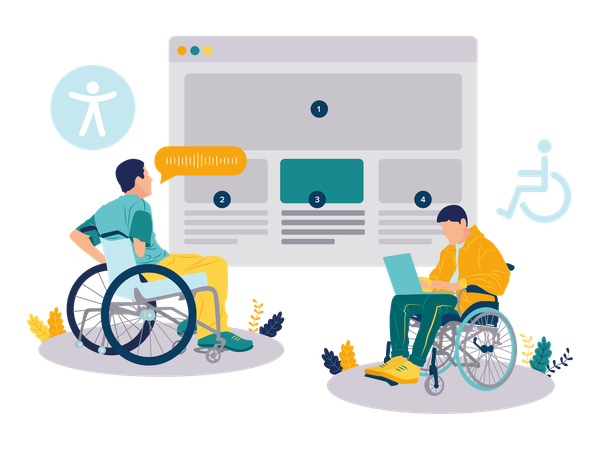 Homem com deficiência usa tecnologia assistiva  Ilustração