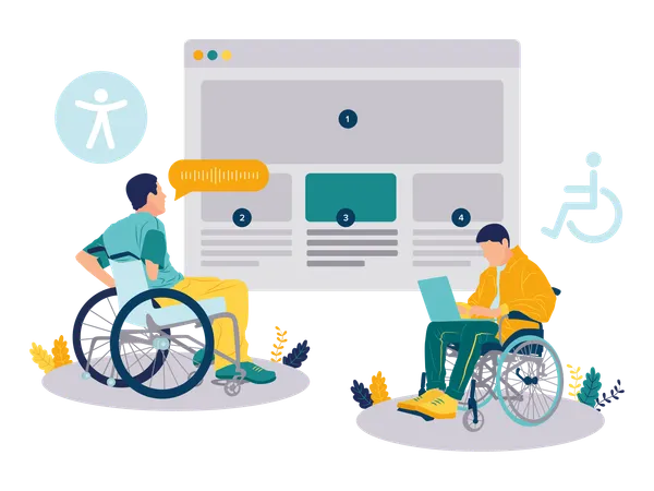 Homem com deficiência usa tecnologia assistiva  Ilustração