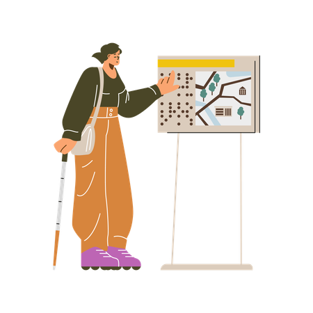 Homem com deficiência visual usando bengala e lendo mapa em braille para navegação  Ilustração