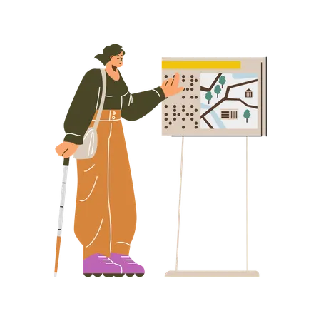 Homem com deficiência visual usando bengala e lendo mapa em braille para navegação  Ilustração