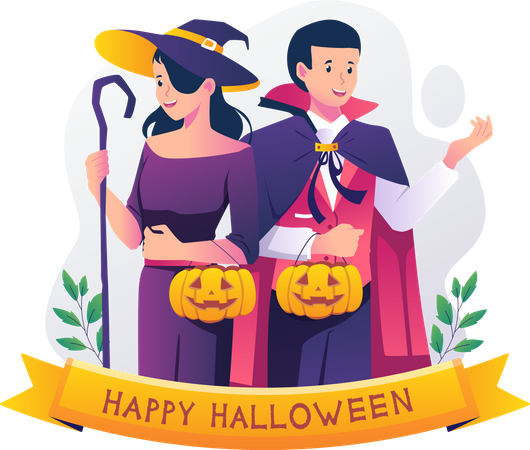 Homem em Drácula e mulher com vestido de bruxa carregam abóboras para celebrar a noite de Halloween  Ilustração