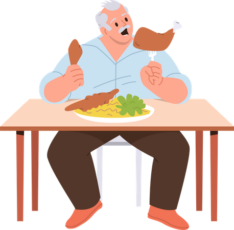 Homem com excesso de peso comendo comida pouco saudável  Ilustração