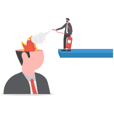 Homem com extintor de incêndio tenta extinguir fogo na cabeça humana  Ilustração