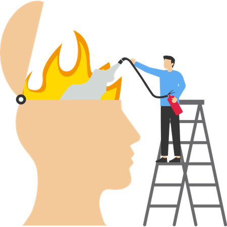Homem com extintor de incêndio tentando apagar fogo na cabeça humana  Ilustração