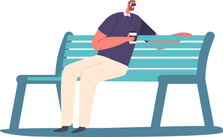 Homem com fone de ouvido, sentado no banco com uma xícara de café na mão  Ilustração
