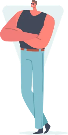 Homem Com Formato De Corpo Triangular Invertido Posando Em Jeans Azul E Camiseta Preta Tipo De Figura De Personagem Masculino Com Ombros Largos E Quadris Estreitos Isolados Em Fundo Branco Ilustra O Vetorial De Desenho Animado Ilustração