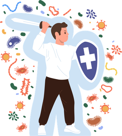 Homem com forte imunidade usando escudo de espada lutando contra patógeno infeccioso  Ilustração