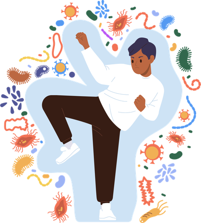 Homem com forte sistema imunológico saudável lutando contra infecção bacteriana  Illustration