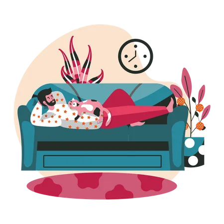 Homem com gato deitado no sofá  Ilustração