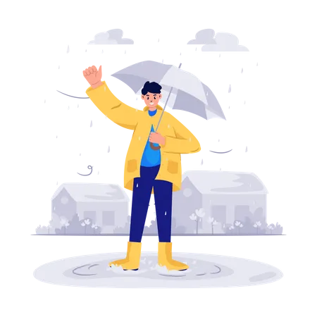 Homem com guarda-chuva dando boas-vindas à chuva nas monções  Ilustração