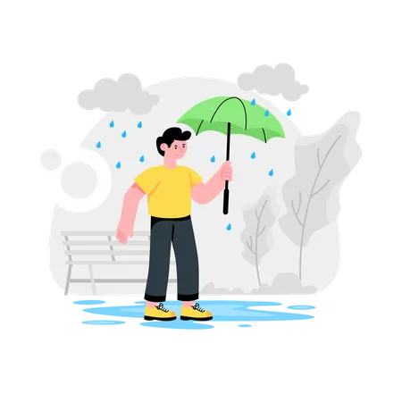 Homem Com Guarda-chuva Em Dia Chuvoso  Ilustração
