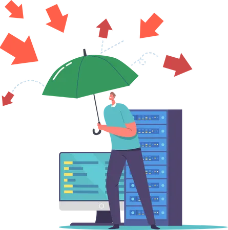 Homem com guarda-chuva protege o computador contra ataque de vírus  Ilustração
