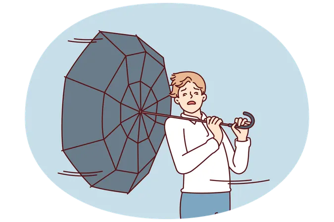 Homem com guarda-chuva virado para trás caminha pela rua durante forte tempestade  Ilustração