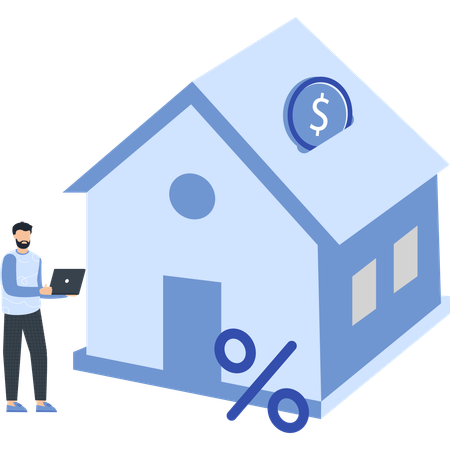 Homem com laptop, casa com cifrão e porcentagem  Ilustração