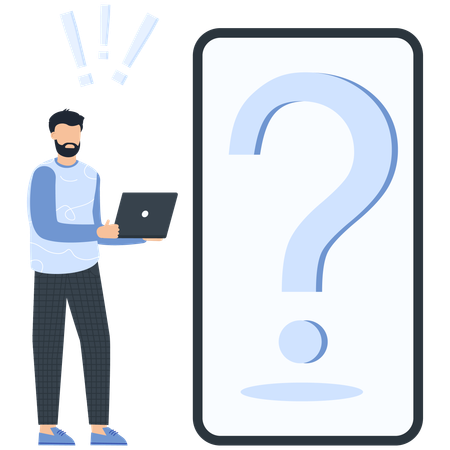 Homem com laptop e ponto de interrogação na tela do telefone  Ilustração