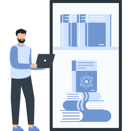 Homem com laptop e tablet exibindo livros sobre educação e aprendizagem  Ilustração