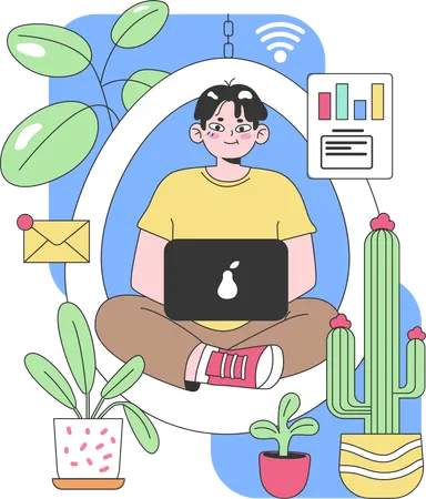 Homem com laptop em meio a plantas flutuantes  Ilustração