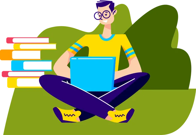Homem com laptop estudando ao ar livre  Ilustração