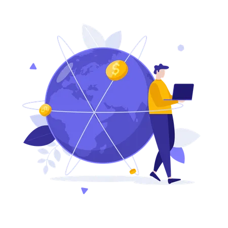 Homem com laptop apoiado no globo terrestre com órbitas de moedas  Ilustração