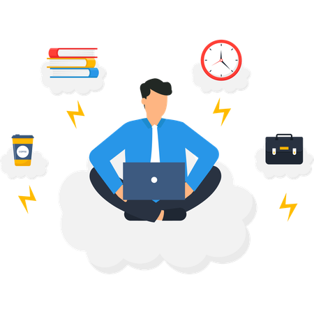 Homem com laptop, livros, café, pasta e relógio  Ilustração