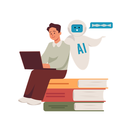 Homem com laptop sentado em uma pilha de livros  Ilustração