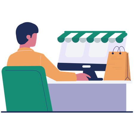 Homem com loja de compras online  Ilustração