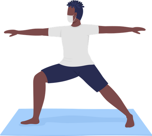 Homem com máscara de pano realizando pose de ioga de guerreiro  Ilustração