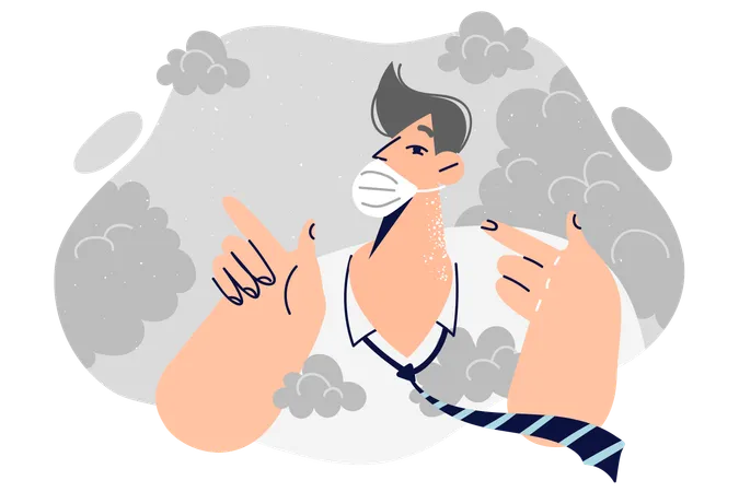 Homem com máscara médica fica entre a fumaça que sofre com emissões nocivas de fábricas tóxicas  Ilustração