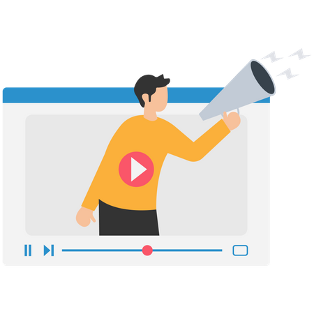 Homem com megafone no reprodutor de mídia de vídeo  Ilustração