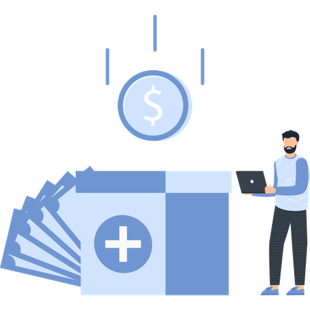 Homem com laptop, moeda de dólar e assistência médica  Ilustração