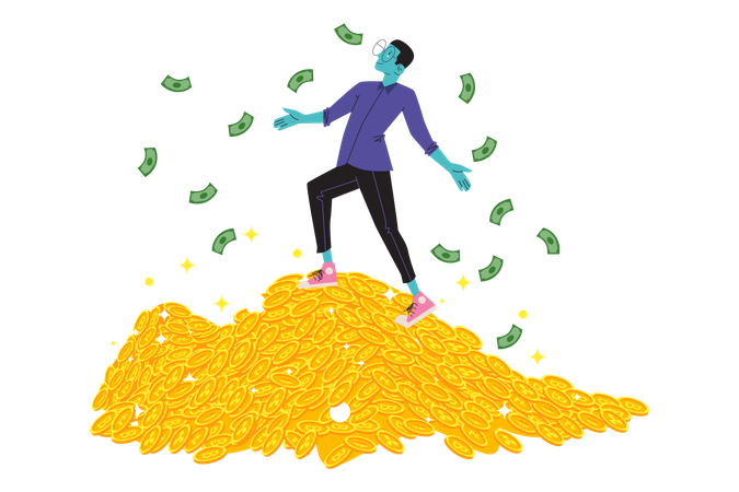 Homem com muitas participações em criptomoedas  Illustration